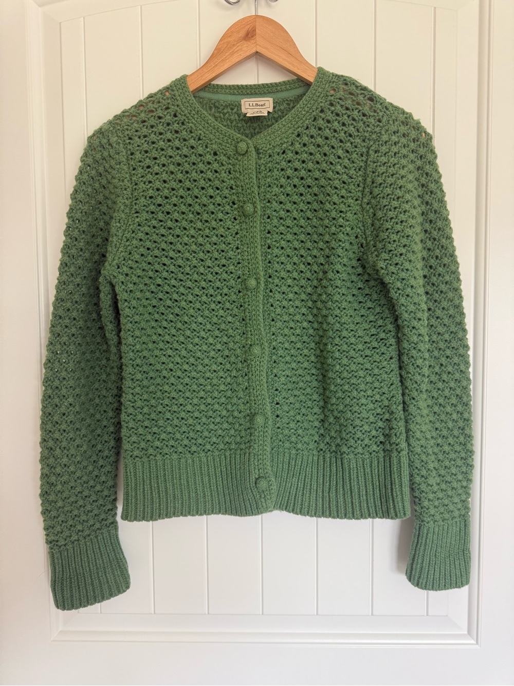 LL Bean Wool Angora Blend Open Knit Cardigan Sweater Green Popcorn Crochet Med
